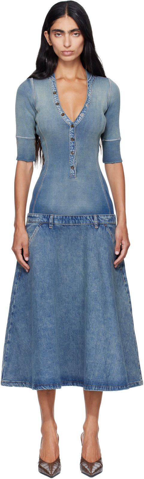 Blue Drop-Waist Knit & Denim Midi Dress 262001F054004