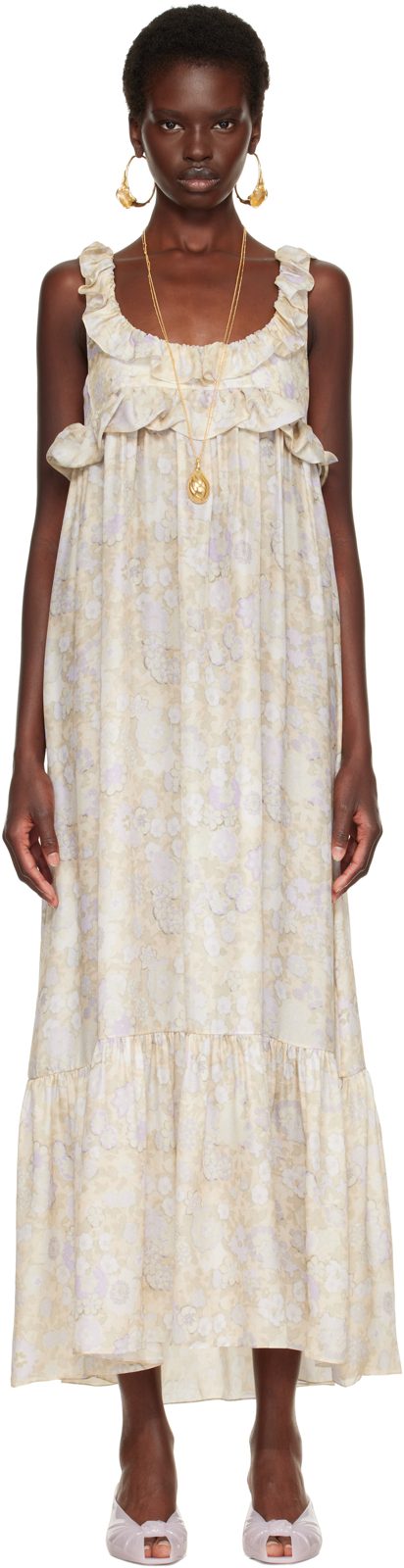 Chloe Multicolor Painted Flowers Print Silk Charmeuse Maxi Dress 262338F055001