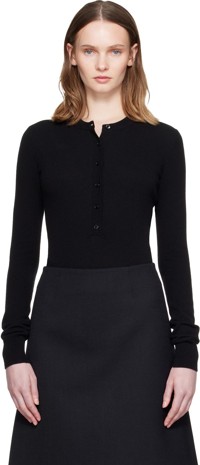 Black Crewneck Ribbed Long-Sleeve Bodysuit 262471F358000