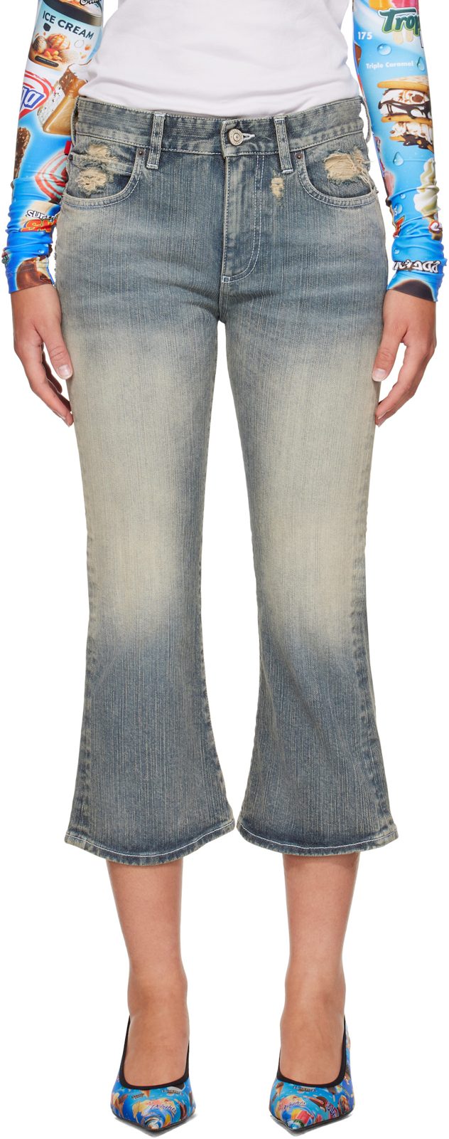 Blue Lace Flared Capri Jeans 261342F069000