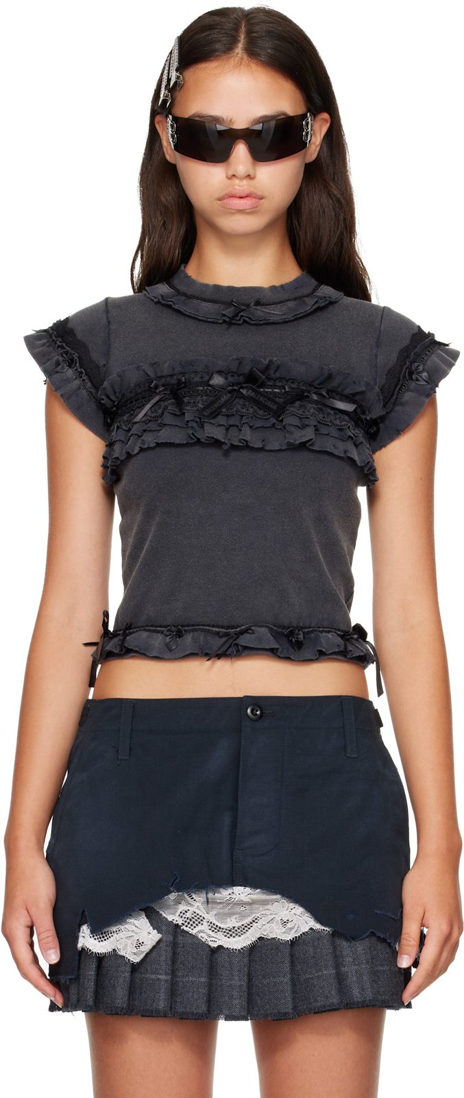 Black Ruffle T-shirt 261342F110007