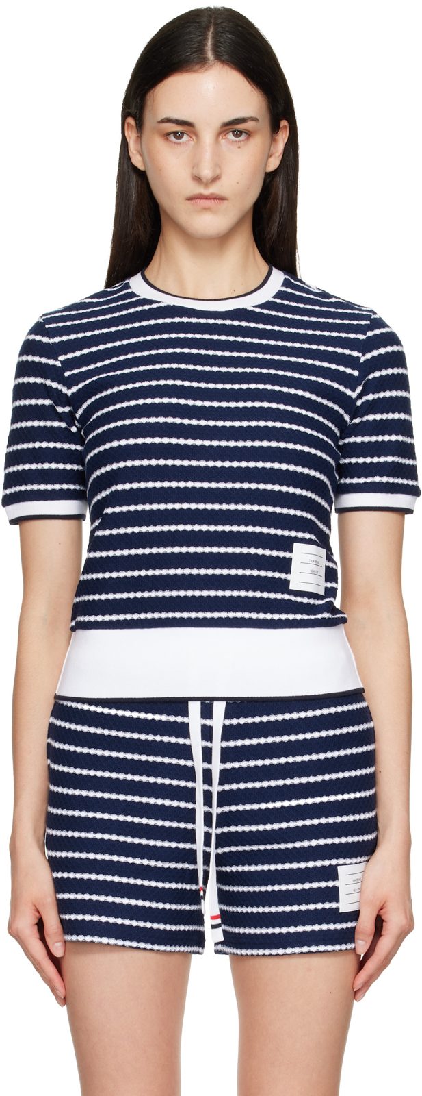Navy Striped Honeycomb Rib T-shirt 262381F110004