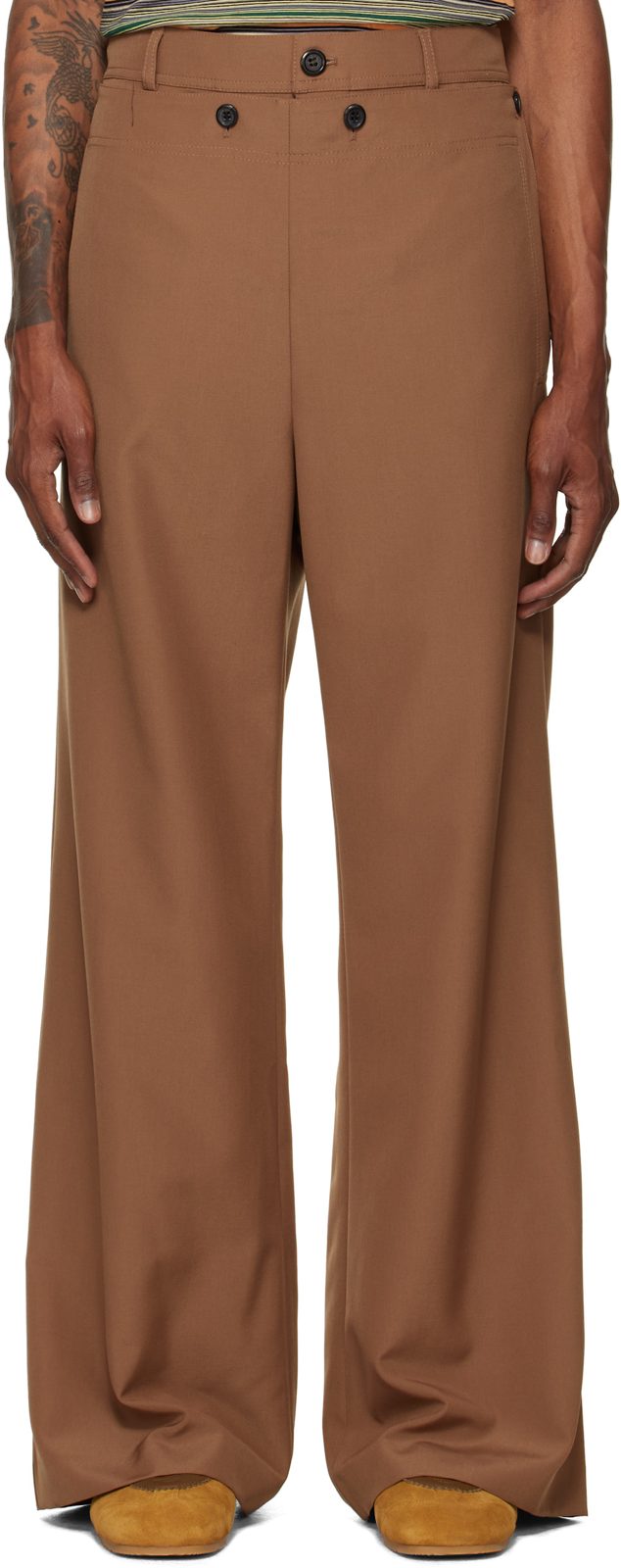 Marni Brown Technical Wool Buttoned Flap Trousers 262379M191003