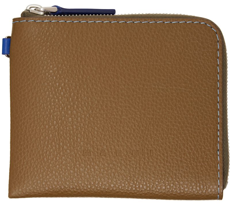 Marni Khaki Contrast Stitching Leather Zip Wallet 262379M164014