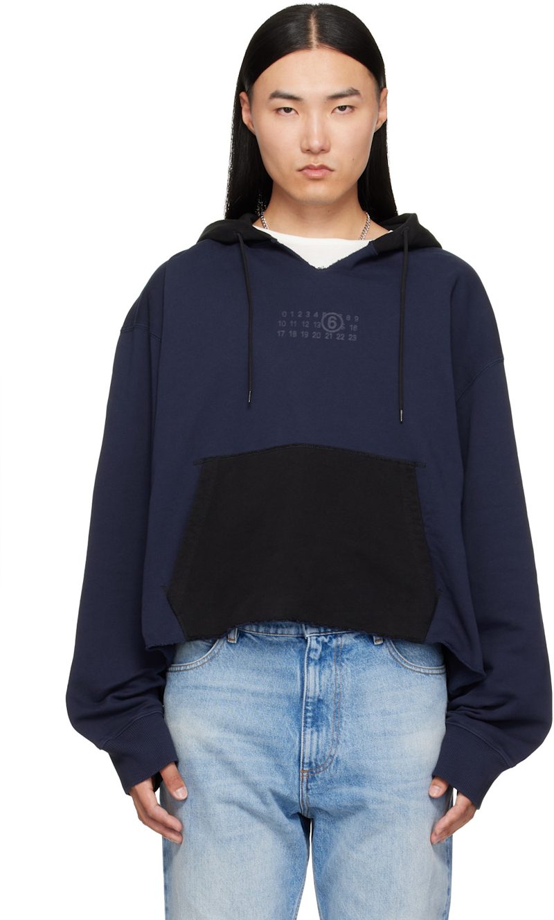 Navy & Black Frayed Hoodie 262188M202006