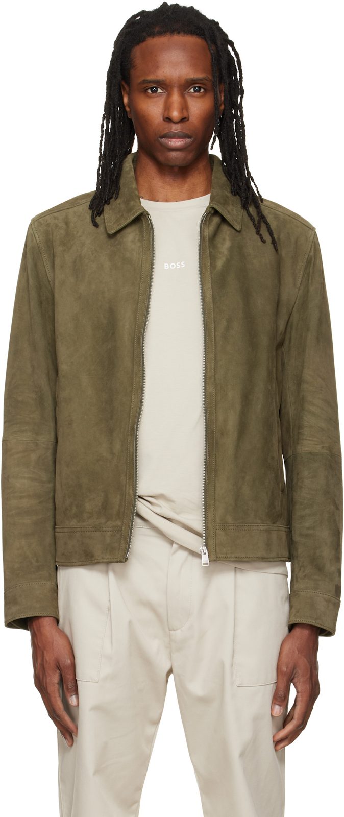 Khaki Zipper Closure Suede Jacket 262085M181003