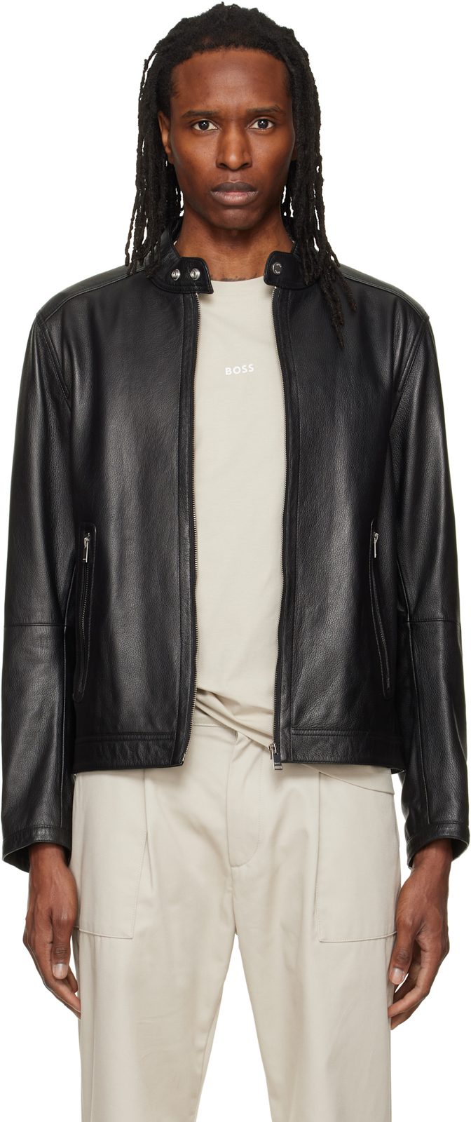 Black Logo Trim Grained Leather Jacket 262085M181001