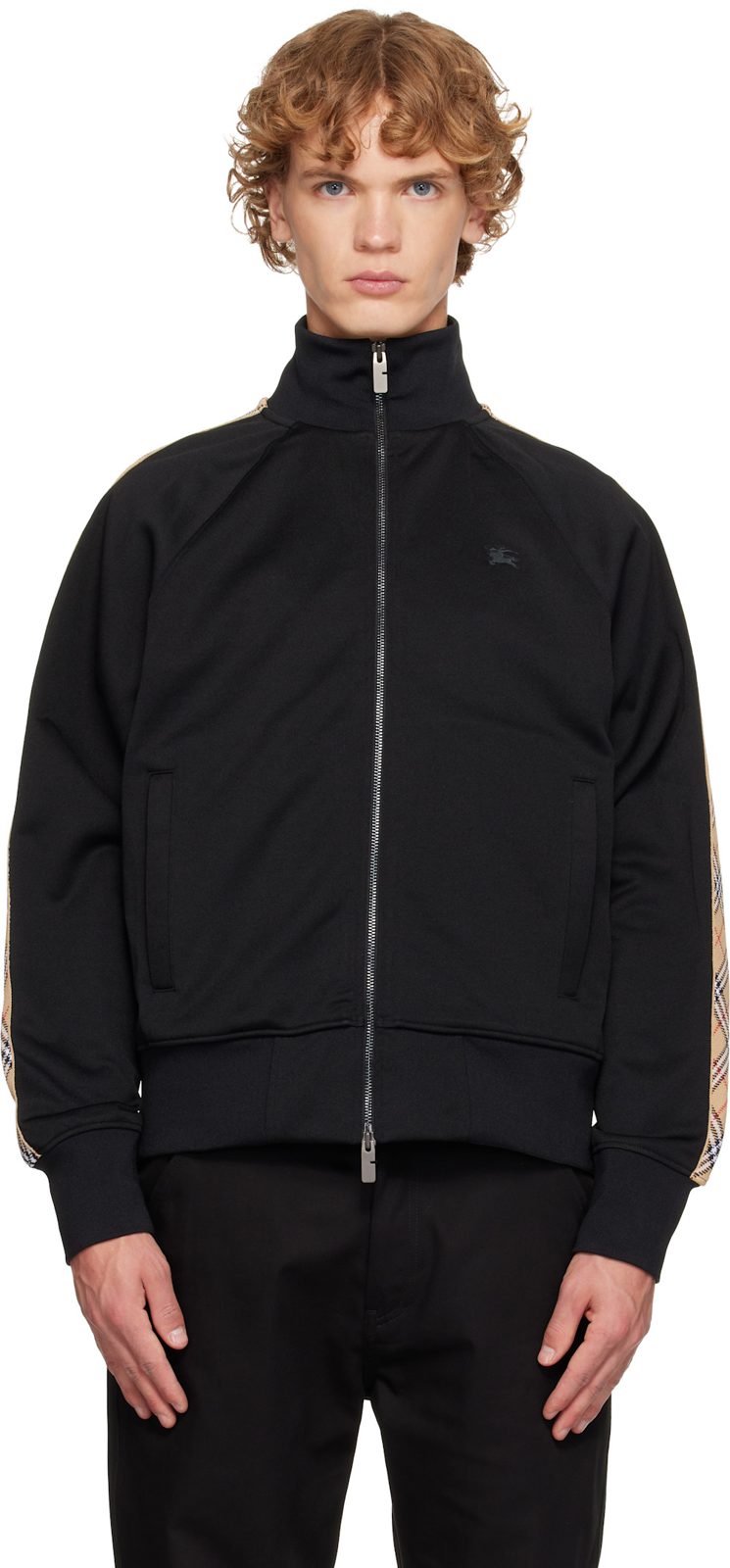 Black Check Trim Cotton Blend Track Jacket 262376M202002