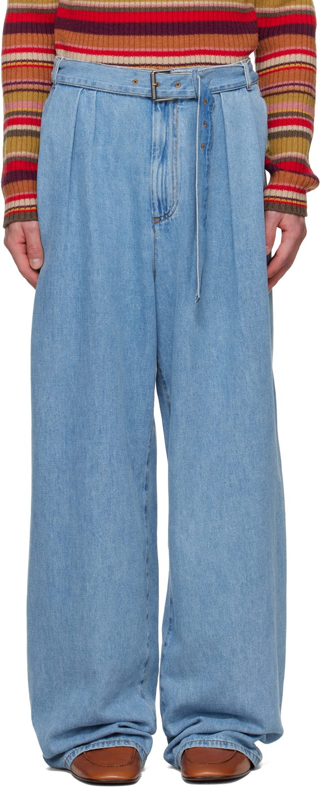 Blue Belted Pleat Jeans 262358M186000