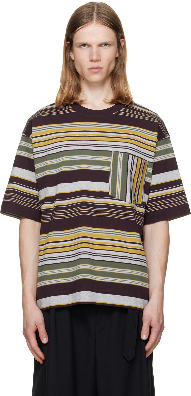 Burgundy & Gray Striped T-shirt 262358M213003