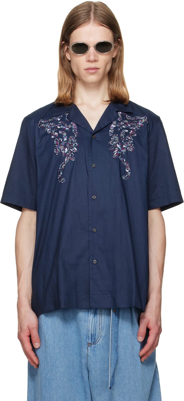 Navy Cotton Applique Shirt 262358M192014