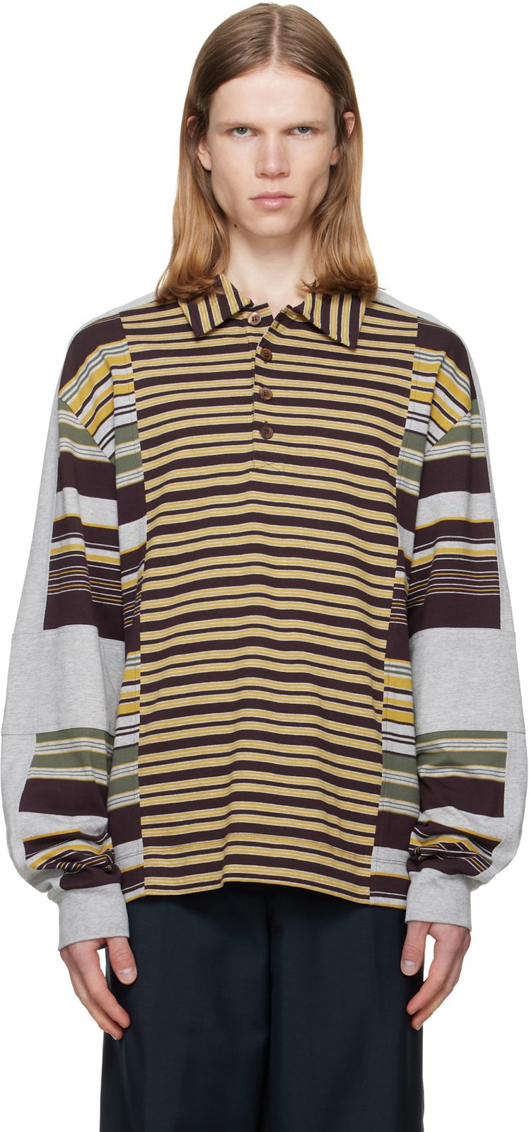 Burgundy & Gray Striped Cotton Polo 262358M212007