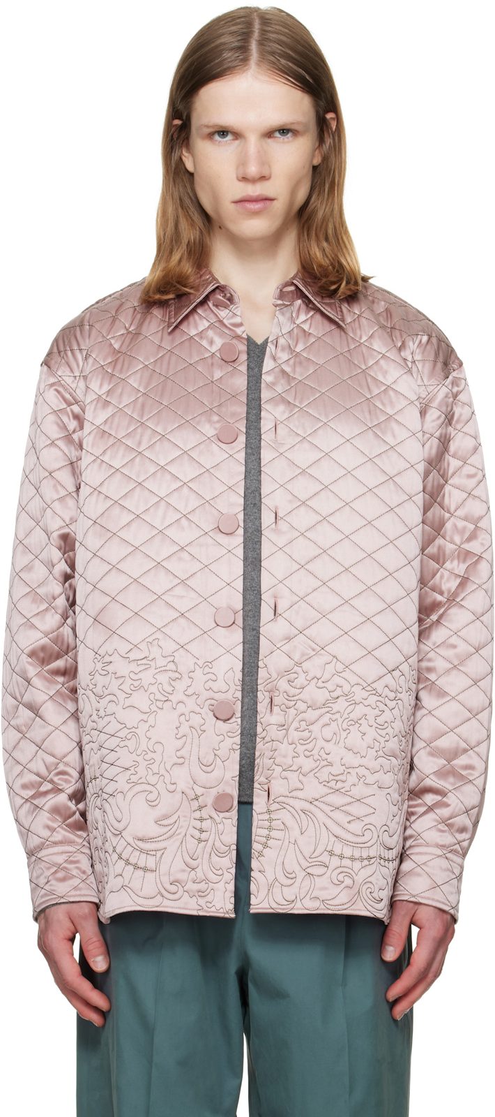 SSENSE Exclusive Pink Quilted Silk Jacket 262358M192091