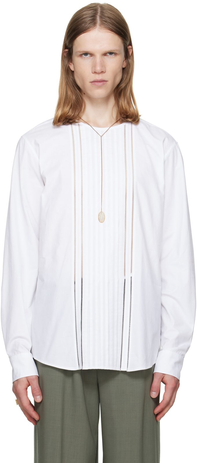 White Collarless Cotton Shirt 262358M192080