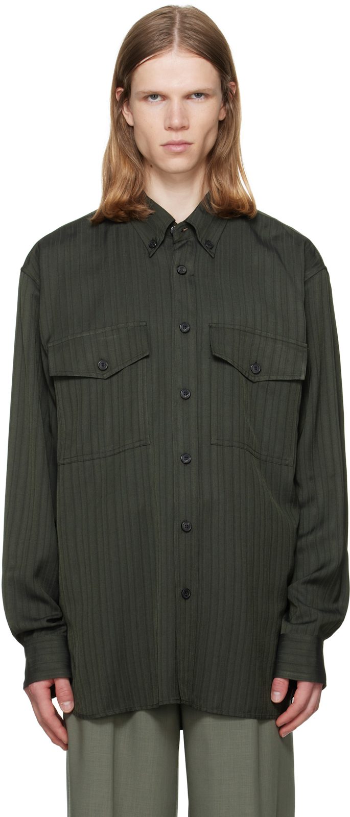 Green Flap Pocket Twill Shirt 262358M192043