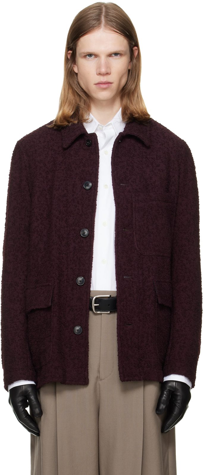 Burgundy Wool Boucle Jacket 262358M180002