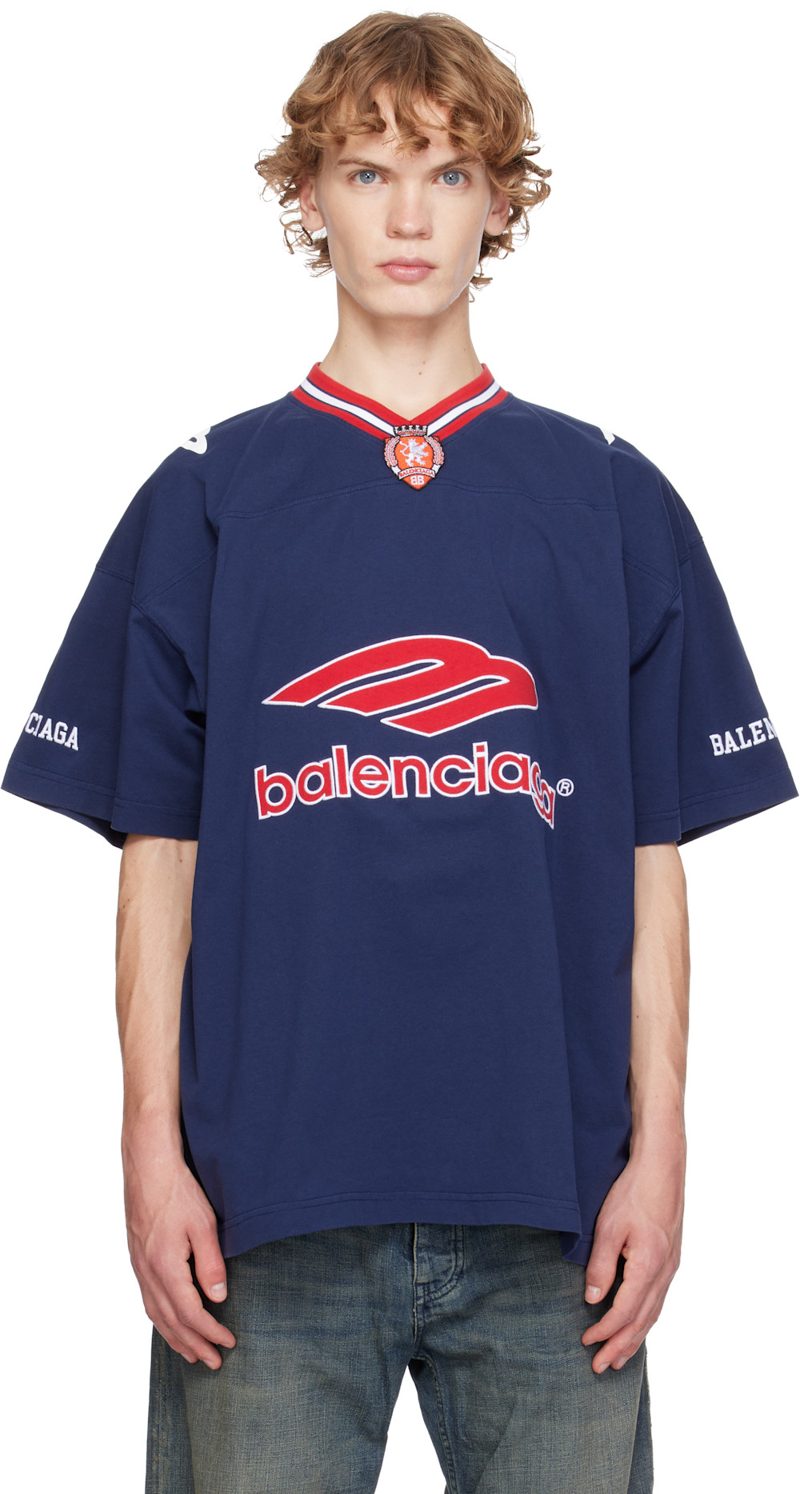 Navy 3B Football V-Neck Oversized T-shirt 261342M213011