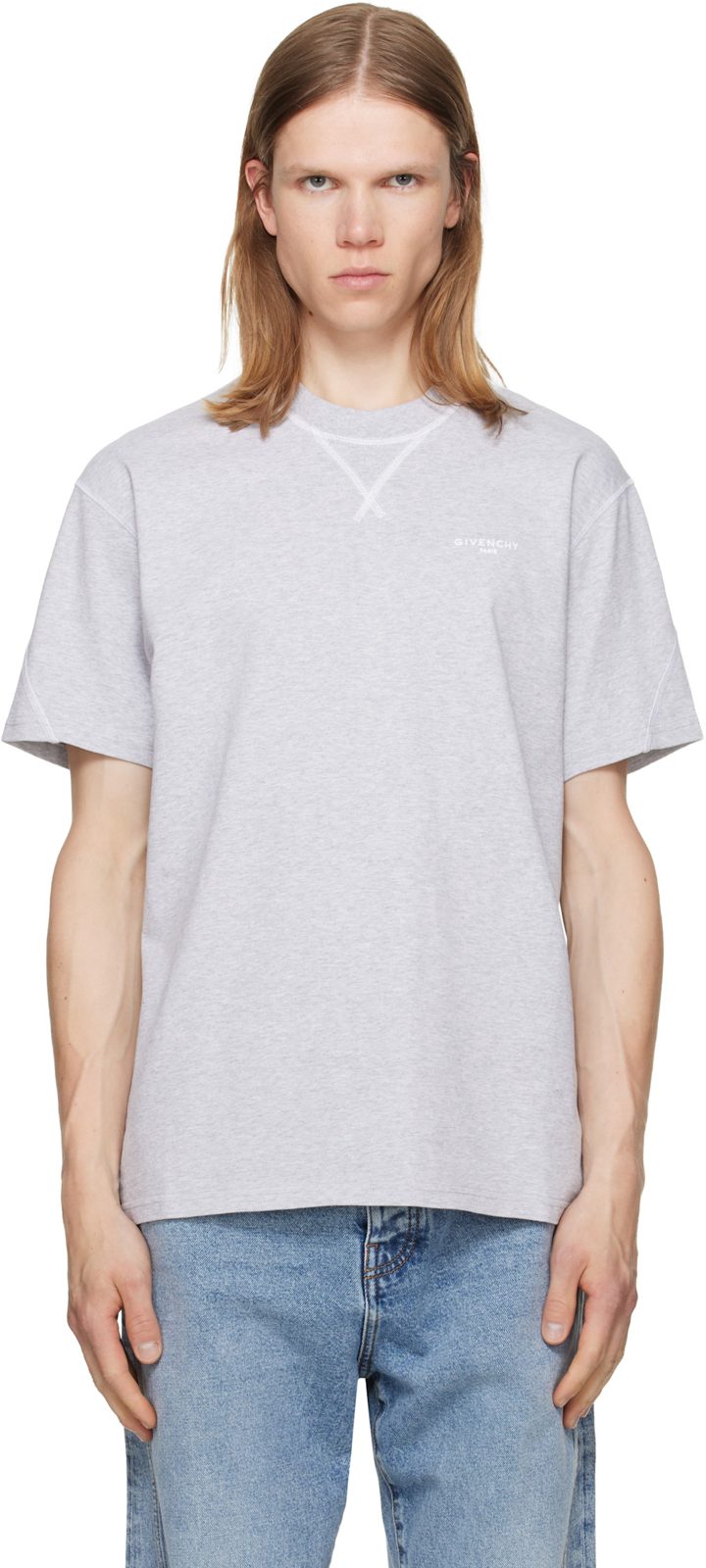 Gray Contour Seam Contrasted Stitch T-shirt 262278M213017