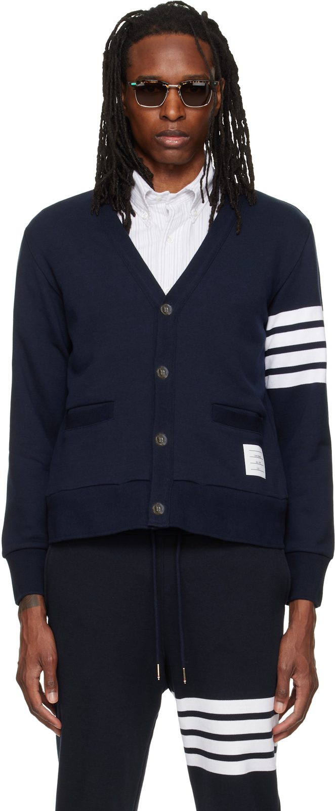 Navy Loopback 4-Bar Boat Embroidery Cardigan 262381M200001