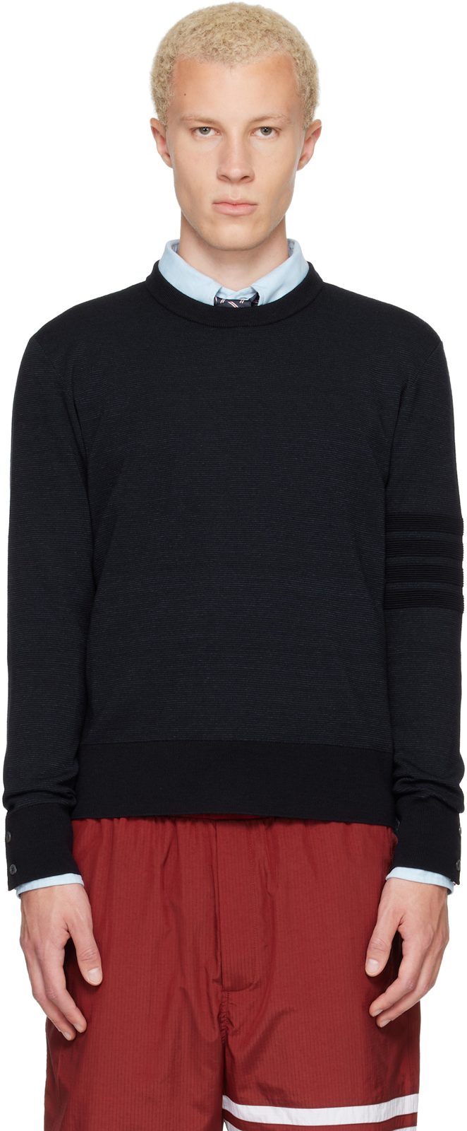 Navy Ottoman Milano Stitch 4-Bar Bomber Sweater 262381M201001