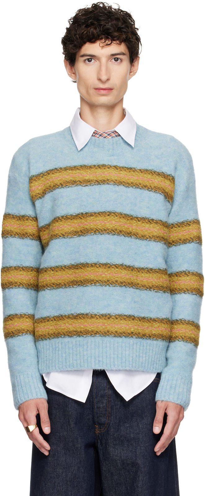 Blue Jacquard Wool Sweater 262358M201006