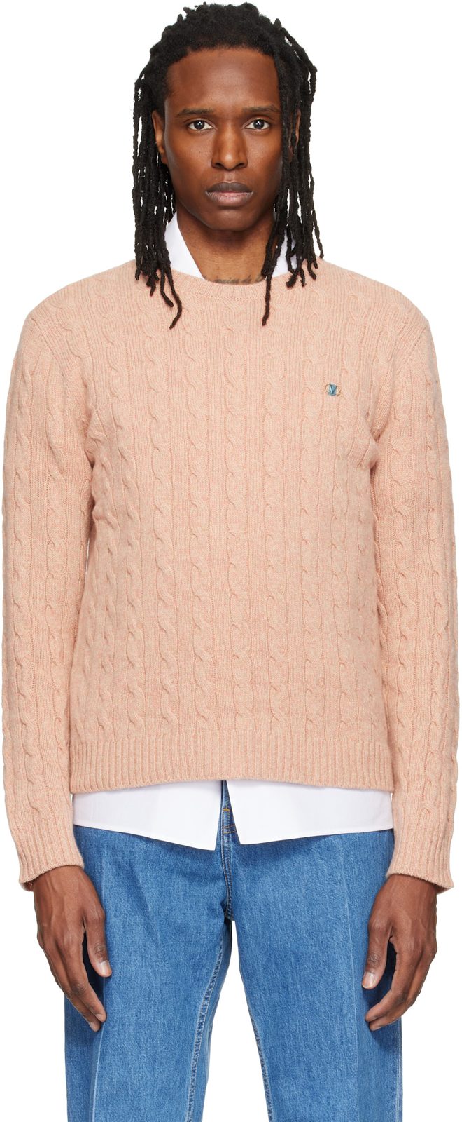 Pink Cable-Knit Wool Sweater 262476M201000