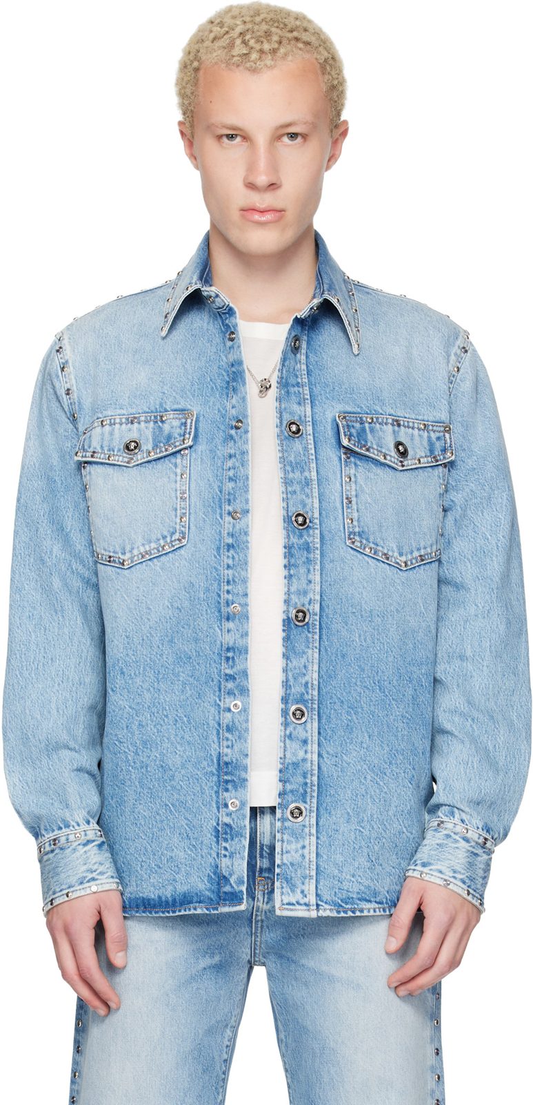 Blue Studded Denim Shirt 261404M192002