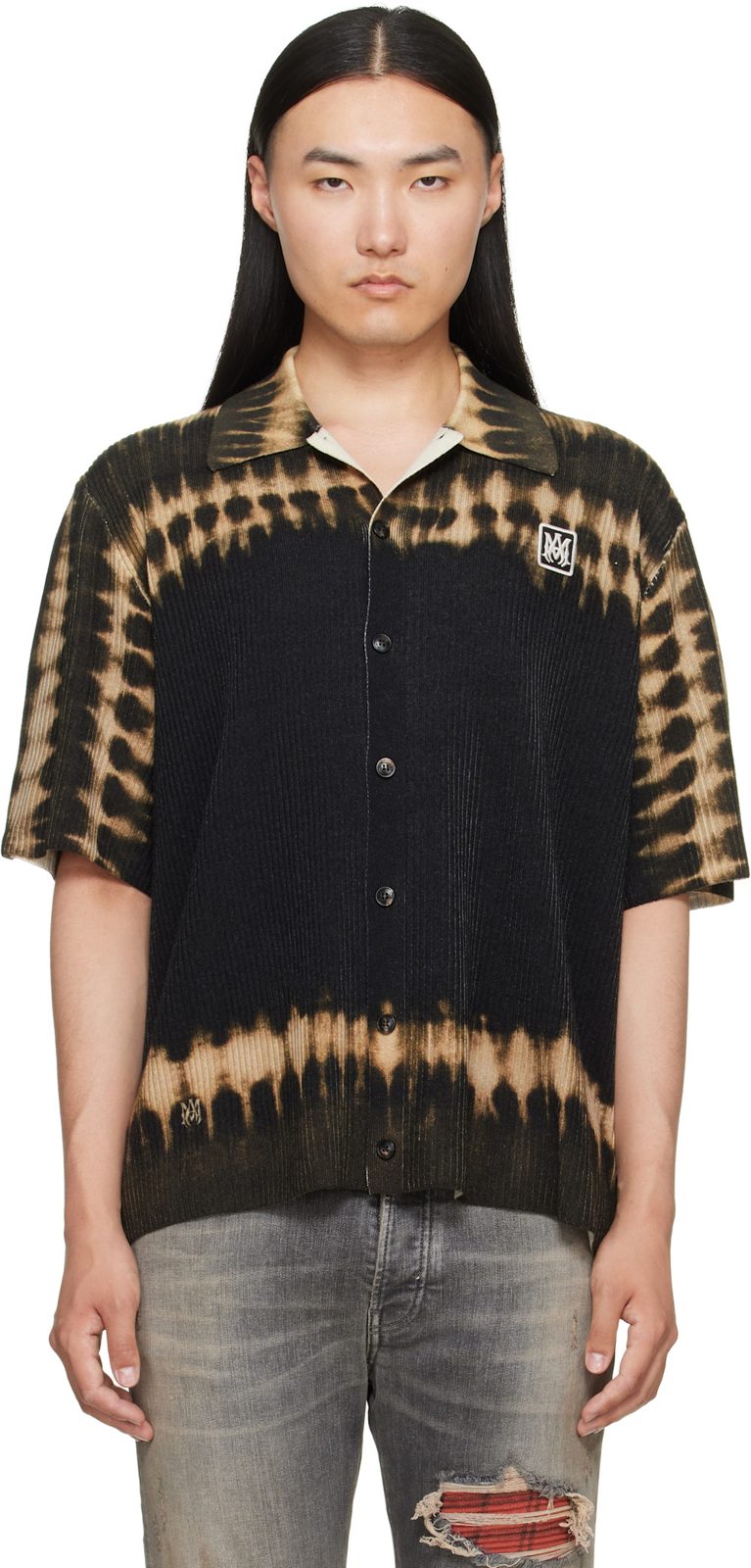 Black & Khaki MA Patch Tie Dye Knit Shirt 262886M192005