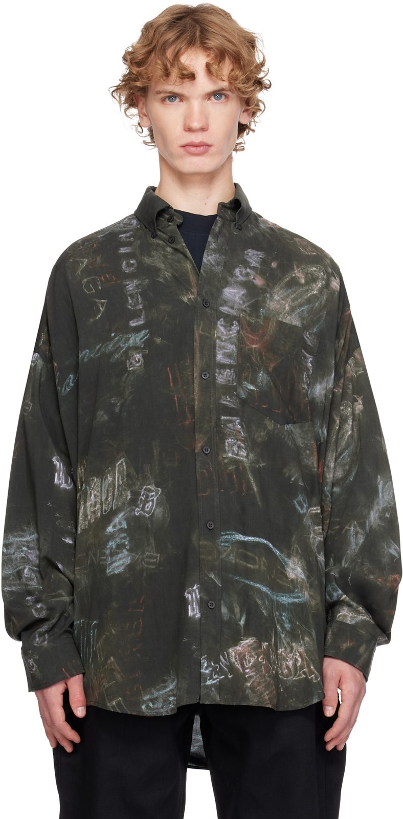 Gray Washed Crayon Allover Long Sleeve Cocoon Shirt 261342M192003