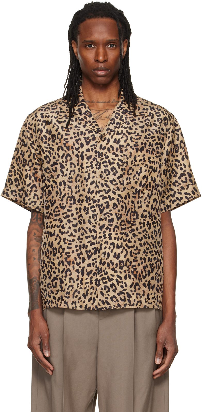 Beige & Black Habotai Silk Bowling Shirt 262476M192009