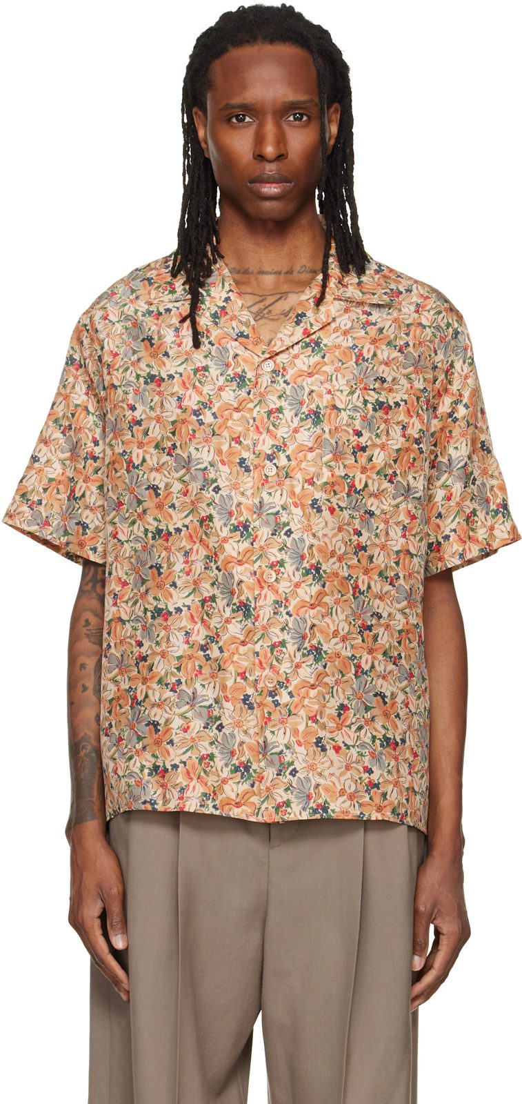 Beige Floral Silk Bowling Shirt 262476M192004