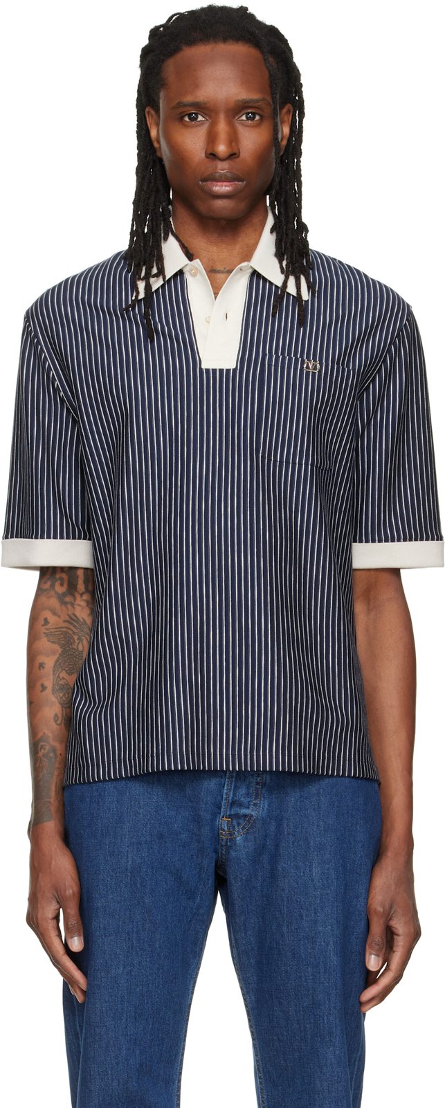 Navy Striped VLogo Embroidery Polo 262476M212000