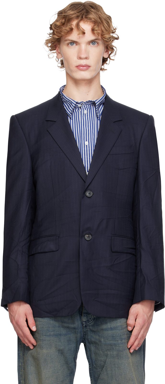 Navy Fine Wool Pinstripe Jacket 262342M195001