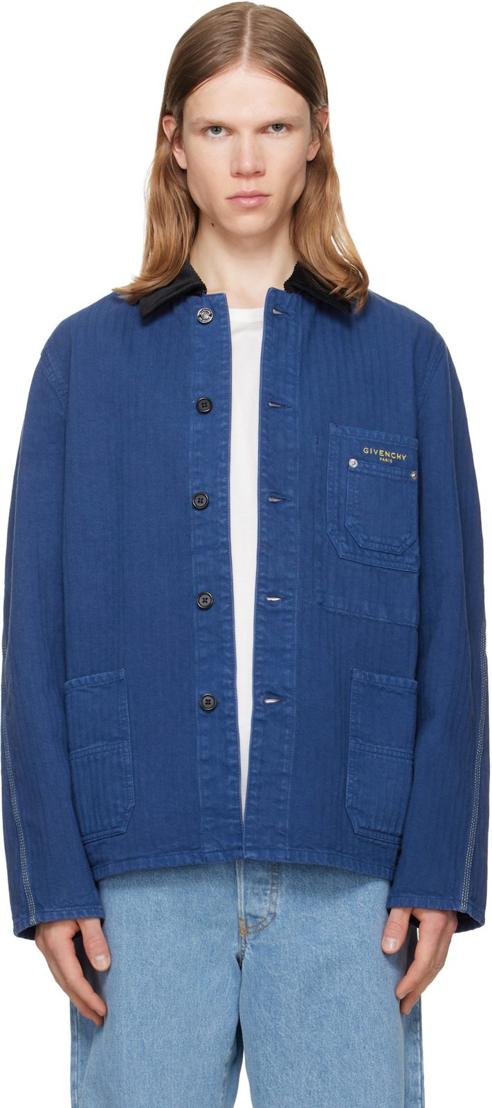 Navy Couture Seam Herringbone Denim Jacket 262278M180003
