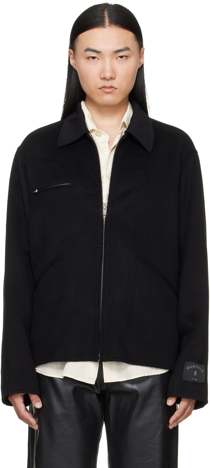 Black Double-Faced Wool Zip Jacket 262188M180004