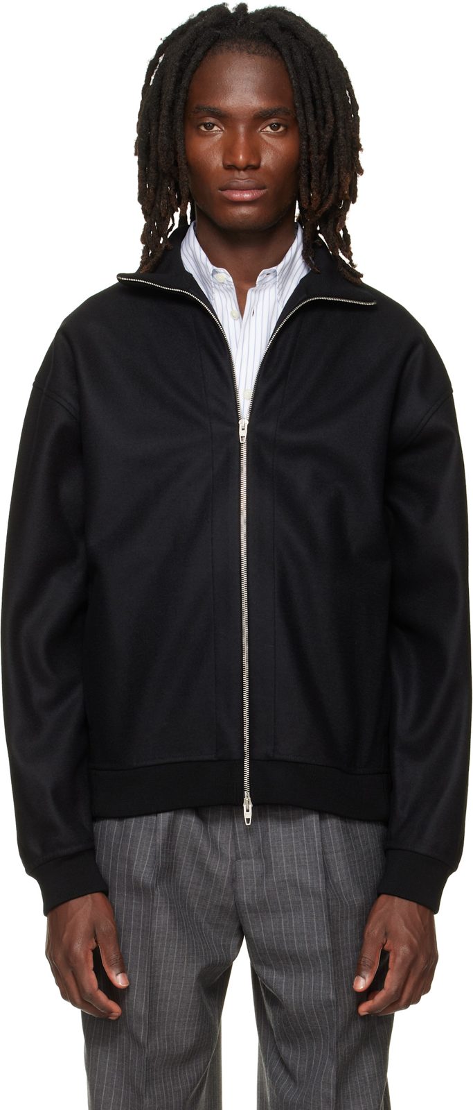 Black Wool Melton Zip-Up Jacket 262249M175000