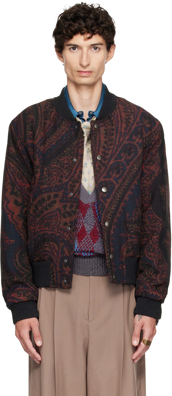 Navy Wool Bomber Jacket 262358M175001