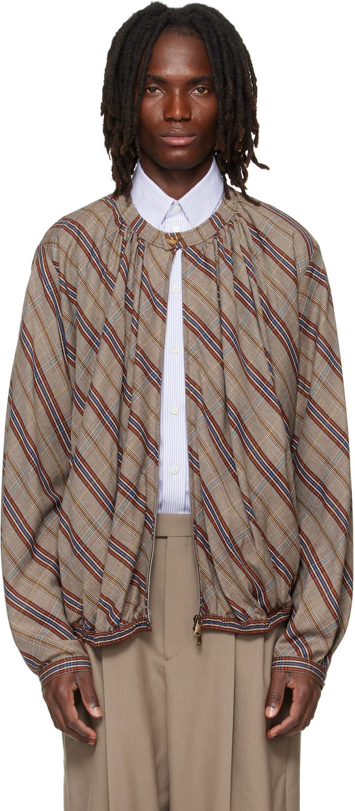 Beige Gathered Bomber Jacket 262314M175000