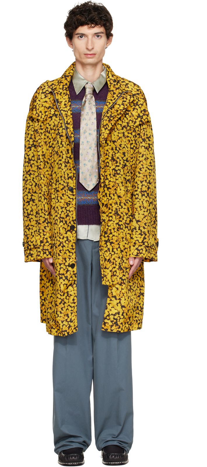 Yellow Oversized Printed Parka Coat 262358M176000