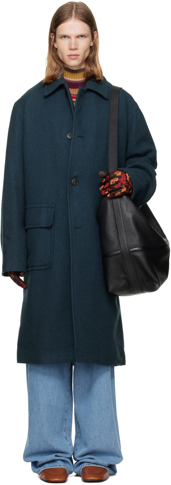 Green Wool Melton Coat 262358M176015