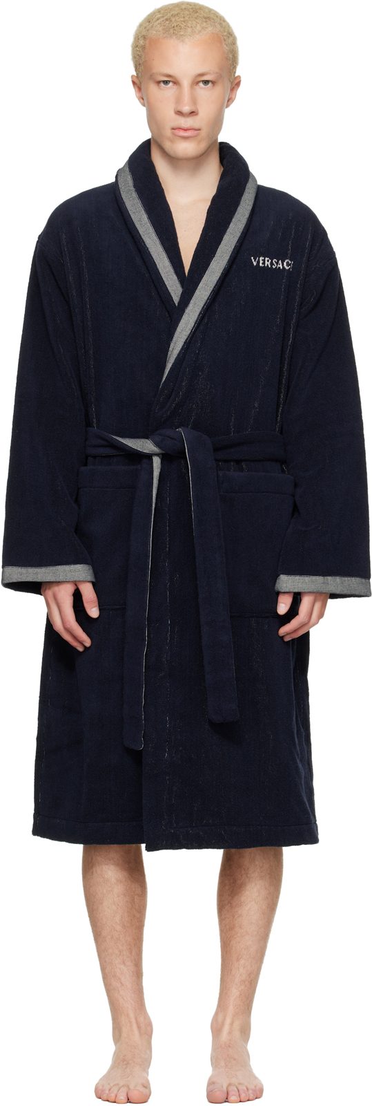 Navy Cotton-Terry Jacquard Bathrobe 262404M219008