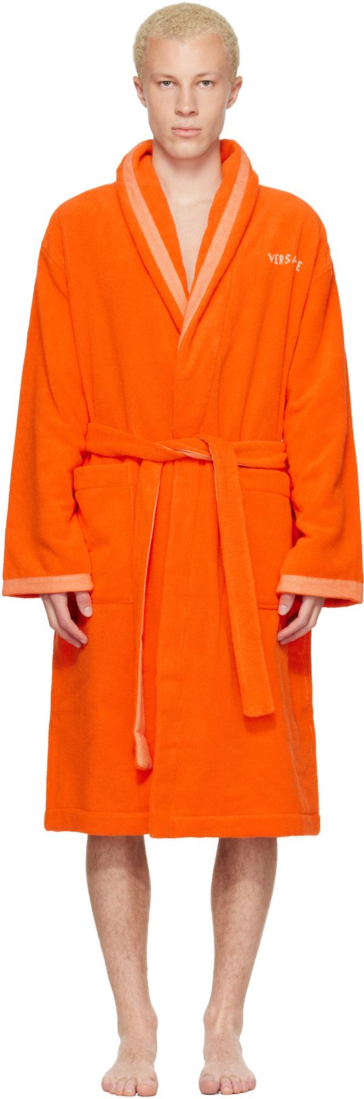 Orange Cotton-Terry Jacquard Bathrobe 262404M219007