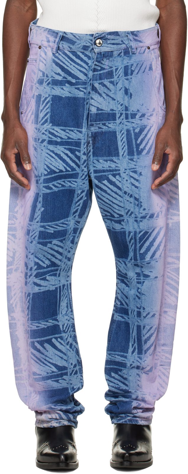 Blue & Purple Buckle Back Jeans 262314M186001