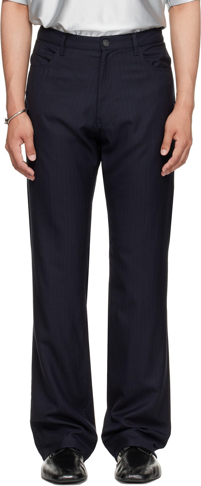 Navy Fine Wool Pinstripe Trousers 262342M191006
