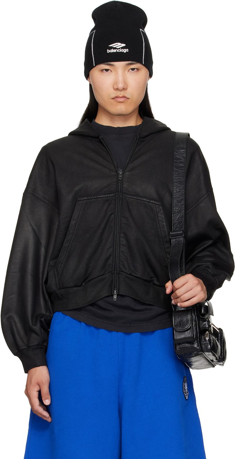 Black Cropped Zip-Up Hoodie 261342M202009