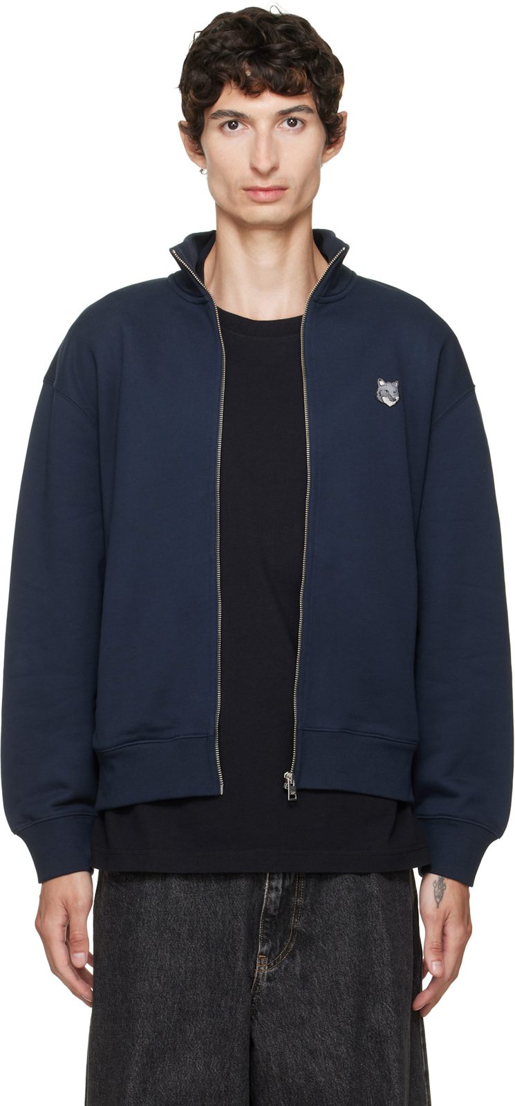 Maison Kitsune Navy Fox Head Zipped Comfort Sweatshirt 262389M204006