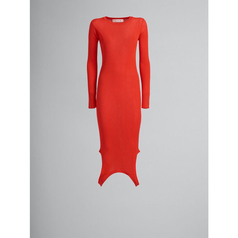 Marni Womens Red Ribbed Long Sweater Dress