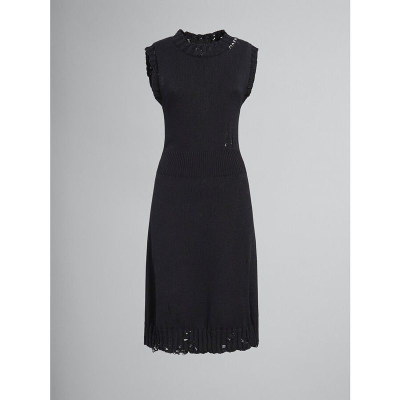 Marni Womens Black Sleeveless Knit Dress With Ruffles