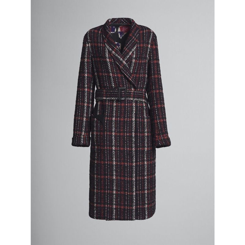 Marni Womens Plaid Belted Long Coat