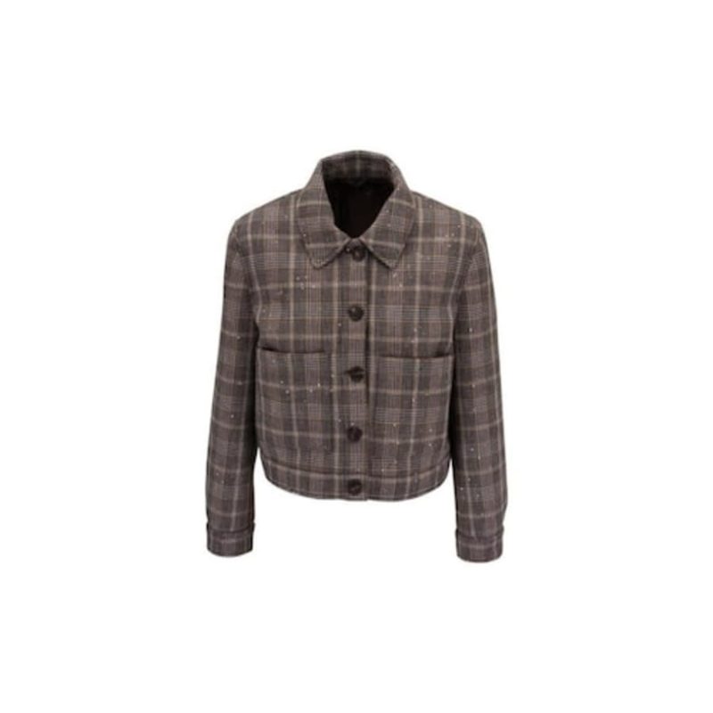 Brunello Cucinelli Womens Plaid Cropped Jacket With Sequins